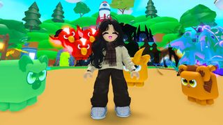 Roblox avatar standing with her pets in Tap Simulator