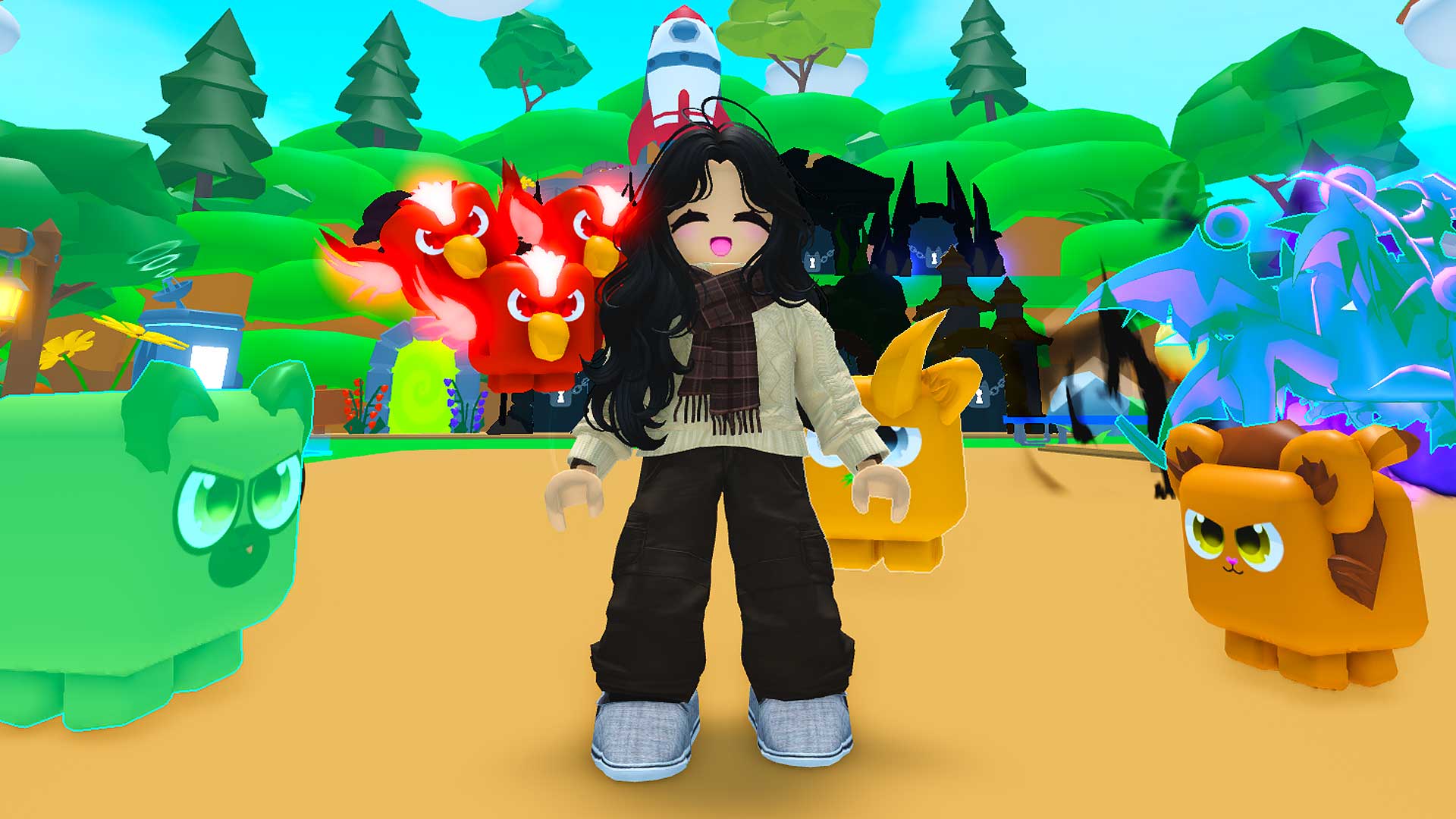 Roblox avatar standing with her pets in Tap Simulator
