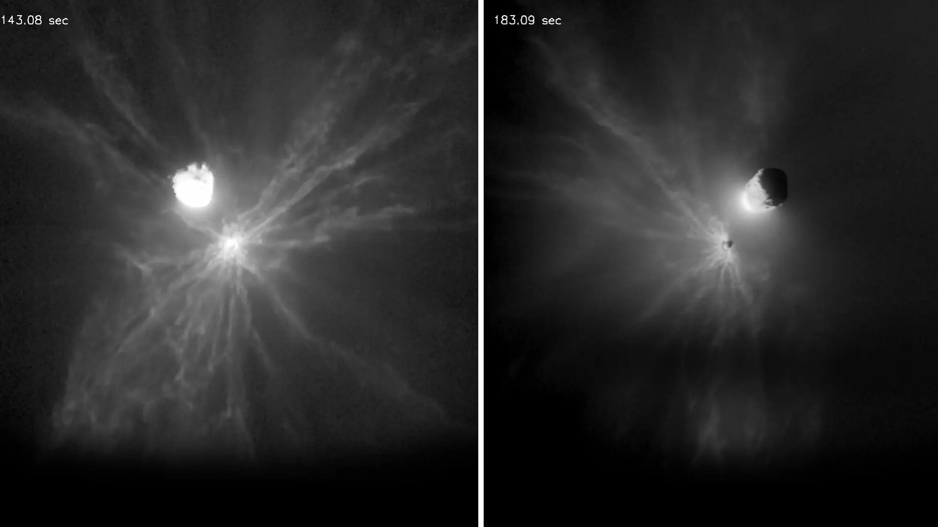 A side by side comparison of the impact of two asteroids (white bursts of light) on a dark background in space