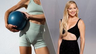 a photo of a woman with a Pilates ball and Kate Hudson