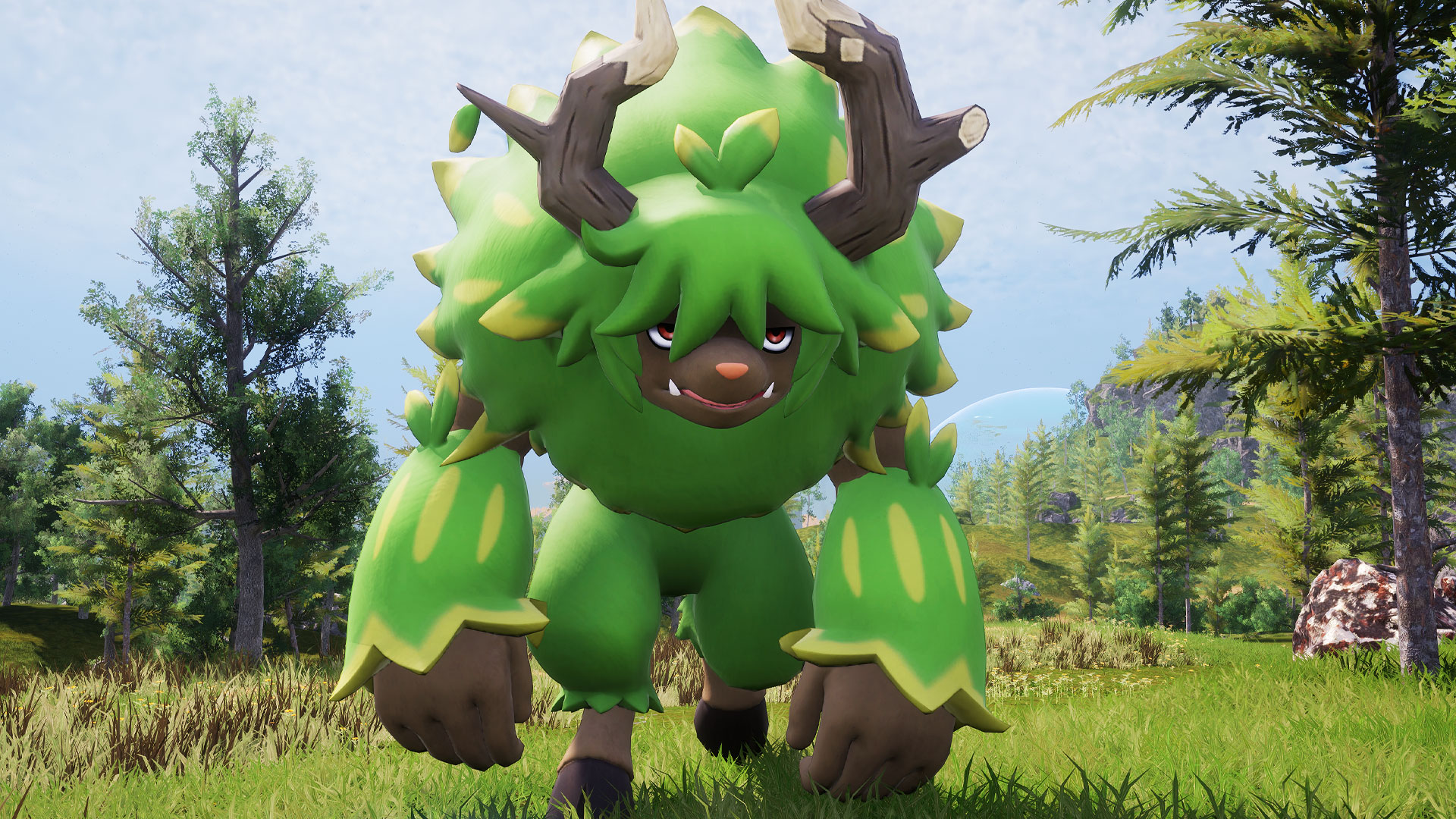 Palworld - elgrove, a large green upright pal with hooves and wooden antlers