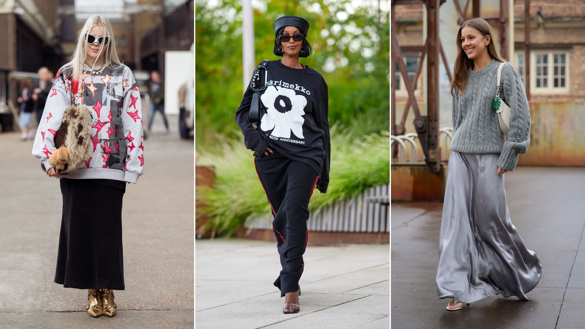Three different women wearing jumpers and long skirt outfits