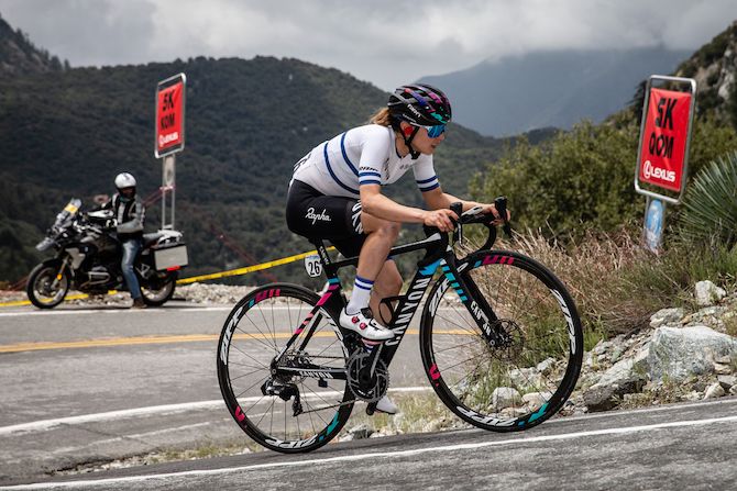 Omer Shapira (Canyon-SRAM) off the front of the race on the final climb of Mount Baldy during stage 2 of the 2019 Tour of California Women's Race