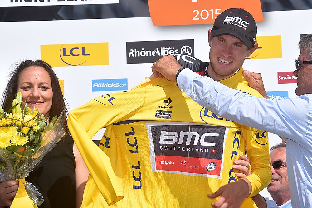 Tejay van Garderen (BMC) puts on the yellow leader's jersey after stage 7