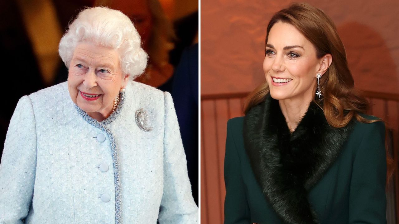 A composite of a picture of Queen Elizabeth in December 2018 and a picture of Kate Middleton in December 2025