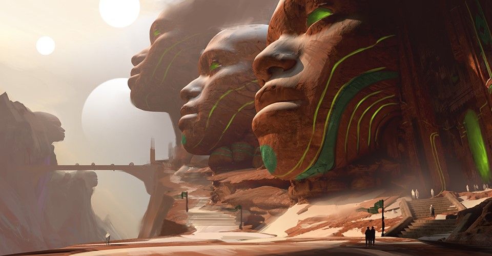 The mythological landscape of Zhalfir, featuring enormous statues under multiple suns