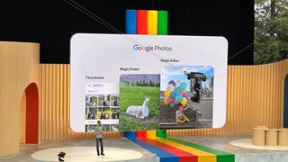 Google Photos magic eraser tool being shown on the stage