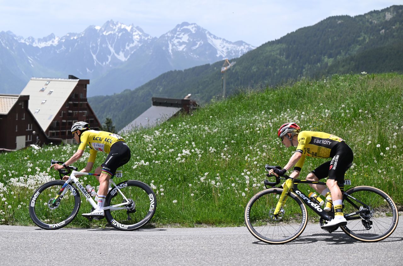 Tadej Pogačar leads Jonas Vingegaard on a descent during stage 7 of the Dauphin&eacute;