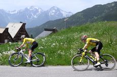 Tadej Pogačar leads Jonas Vingegaard on a descent during stage 7 of the Dauphiné