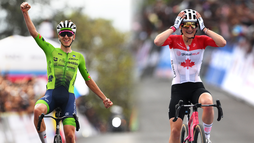 A composite image of Tadej Pogačar and Magdeleine Vallieres, the winners of the men&#039;s and women&#039;s elite road races at the UCI Road World Championships 2025