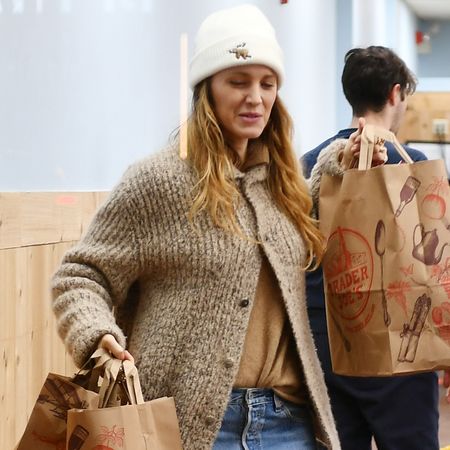Blake Lively was spotted at Trader Joe's wearing patchwork jeans as her grocery shopping outfit