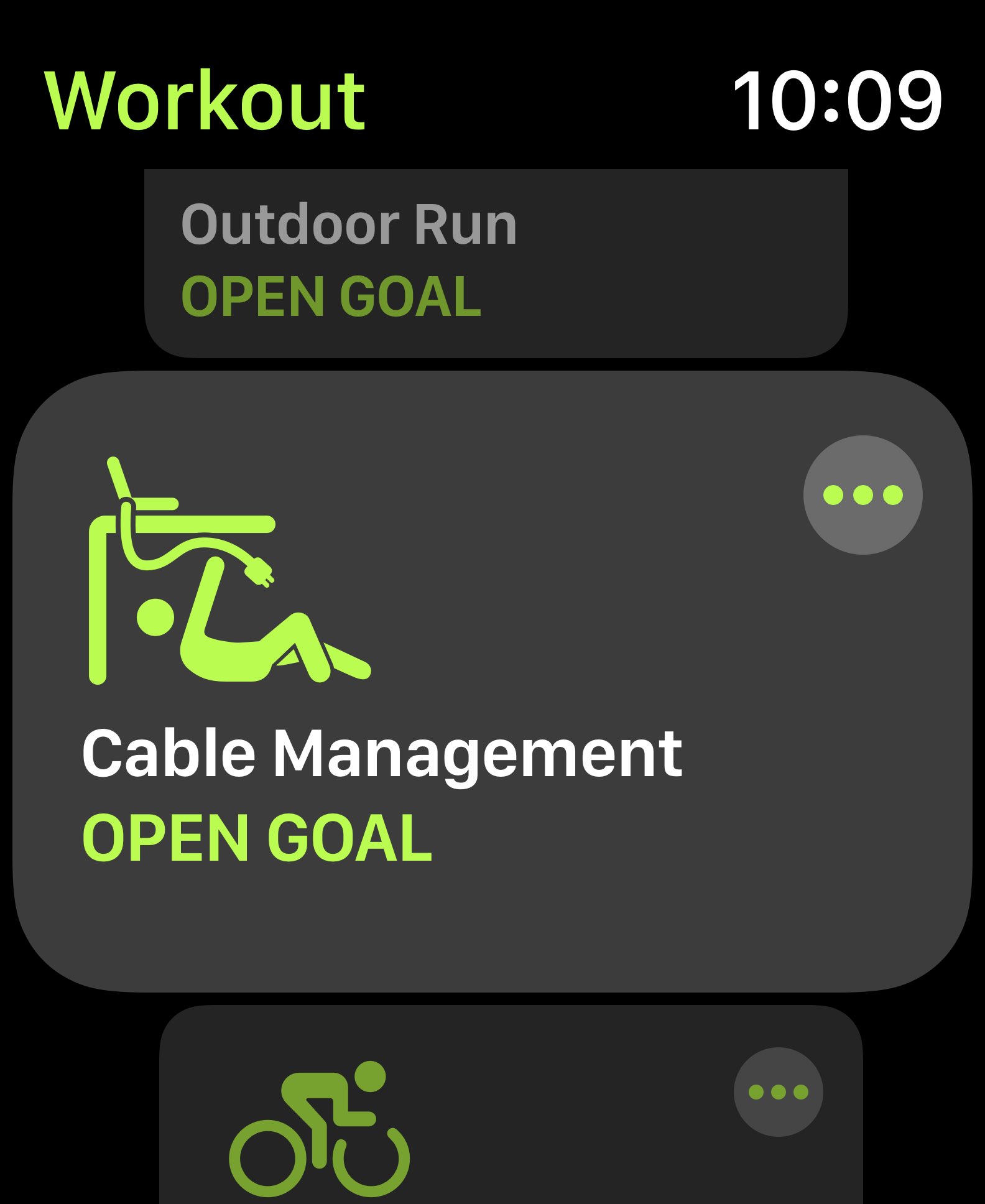 Apple Watch Workout screenshot with fan-made fake workouts: Outrunning a swarm of bees, cable management, walking the dog