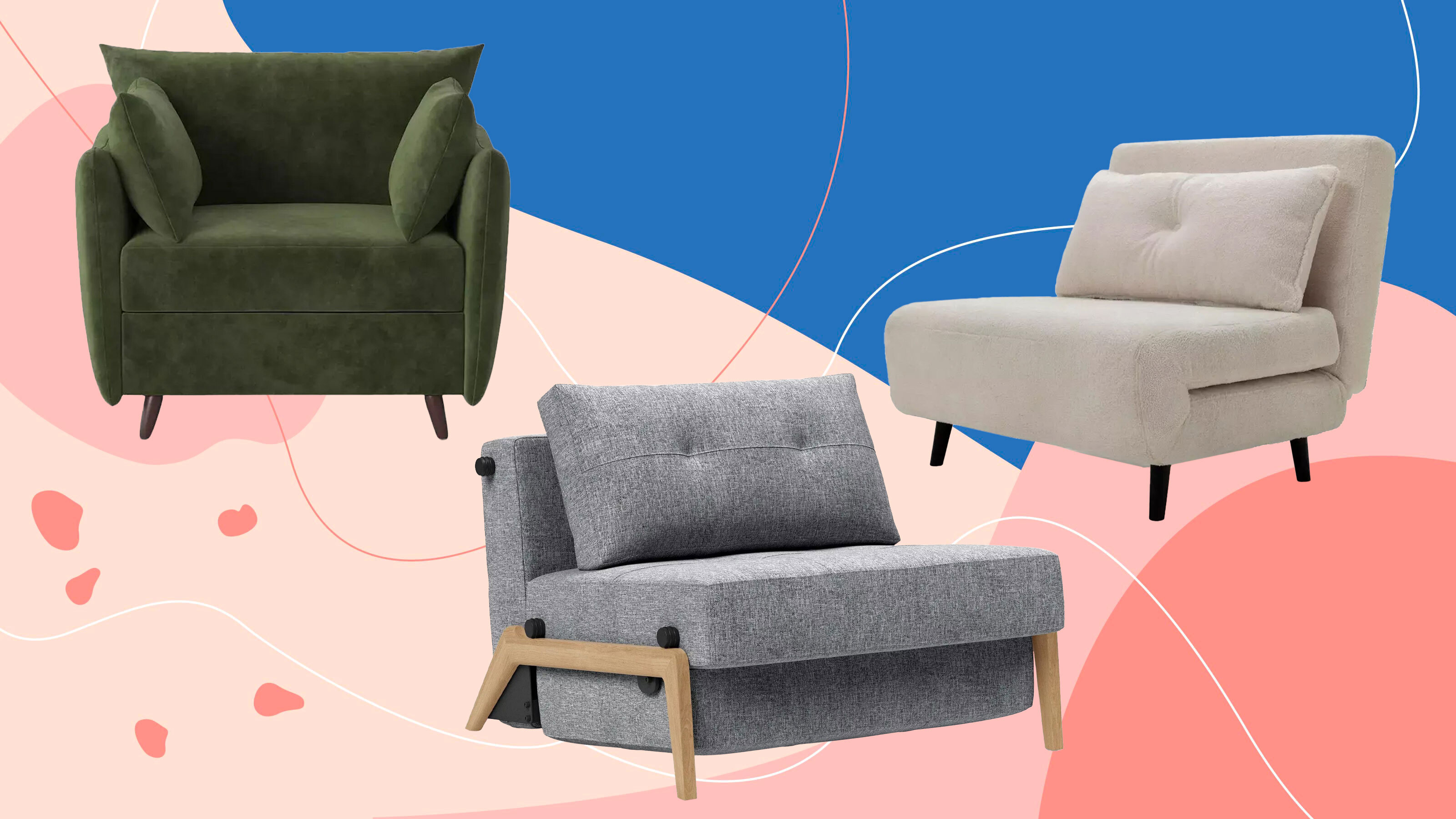 Three of the best chair beds Ideal Home has tested on a pink and blue background