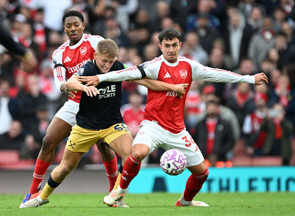 West Ham&#039;s Callum Marshall battles for the ball on his Premier League debut against Arsenal