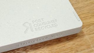 Acer Chromebook Vero 514 review; a close up of a recycle logo on a chromebook computer