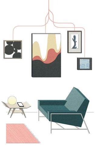 Digital art of a lounge with a green sofa, pink rug and wall arts on the white wall with red wires from wach one connecting them together