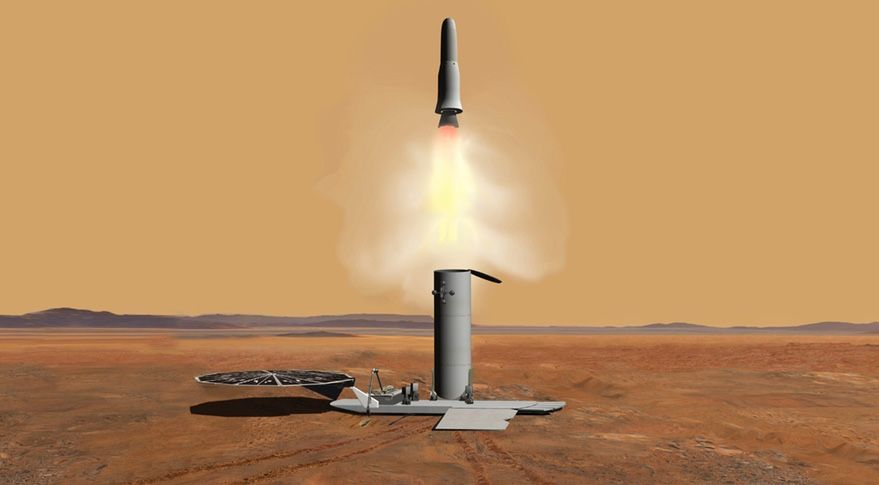 An earlier concept for a Mars ascent vehicle, which would transport samples collected from the Martian surface into orbit. Those samples would be returned to Earth by another spacecraft.