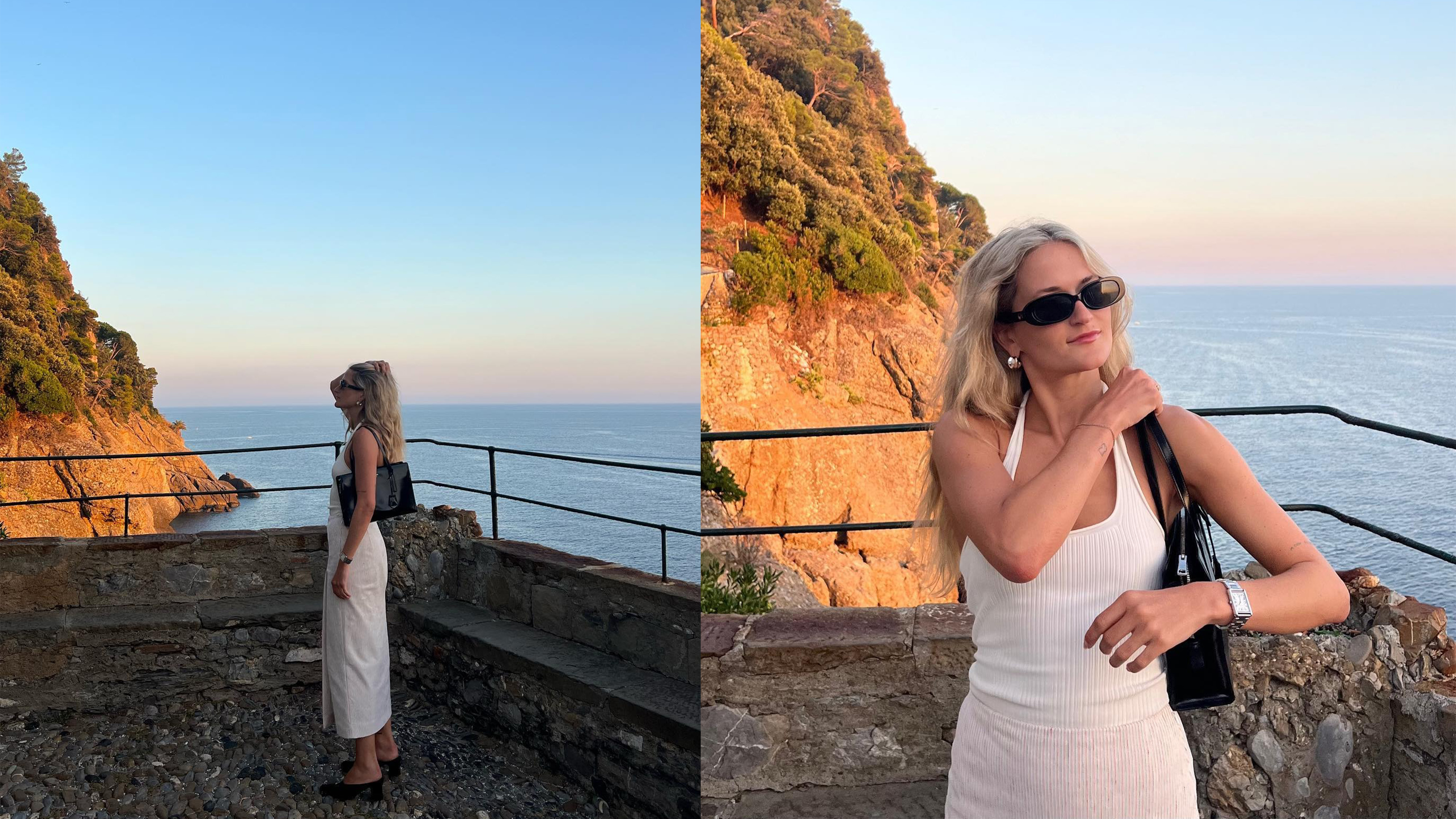Eliza Huber in Portofino, Italy wearing a white halter top and striped skirt.
