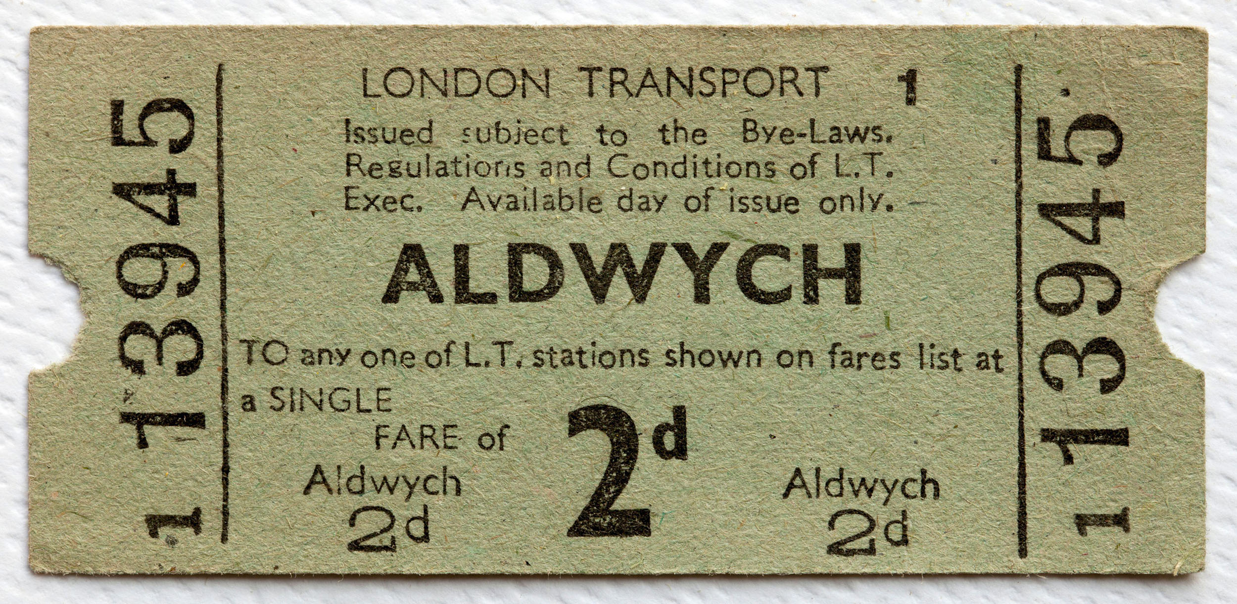 1950s London Transport Underground or Tube Train Ticket from Aldwych Station