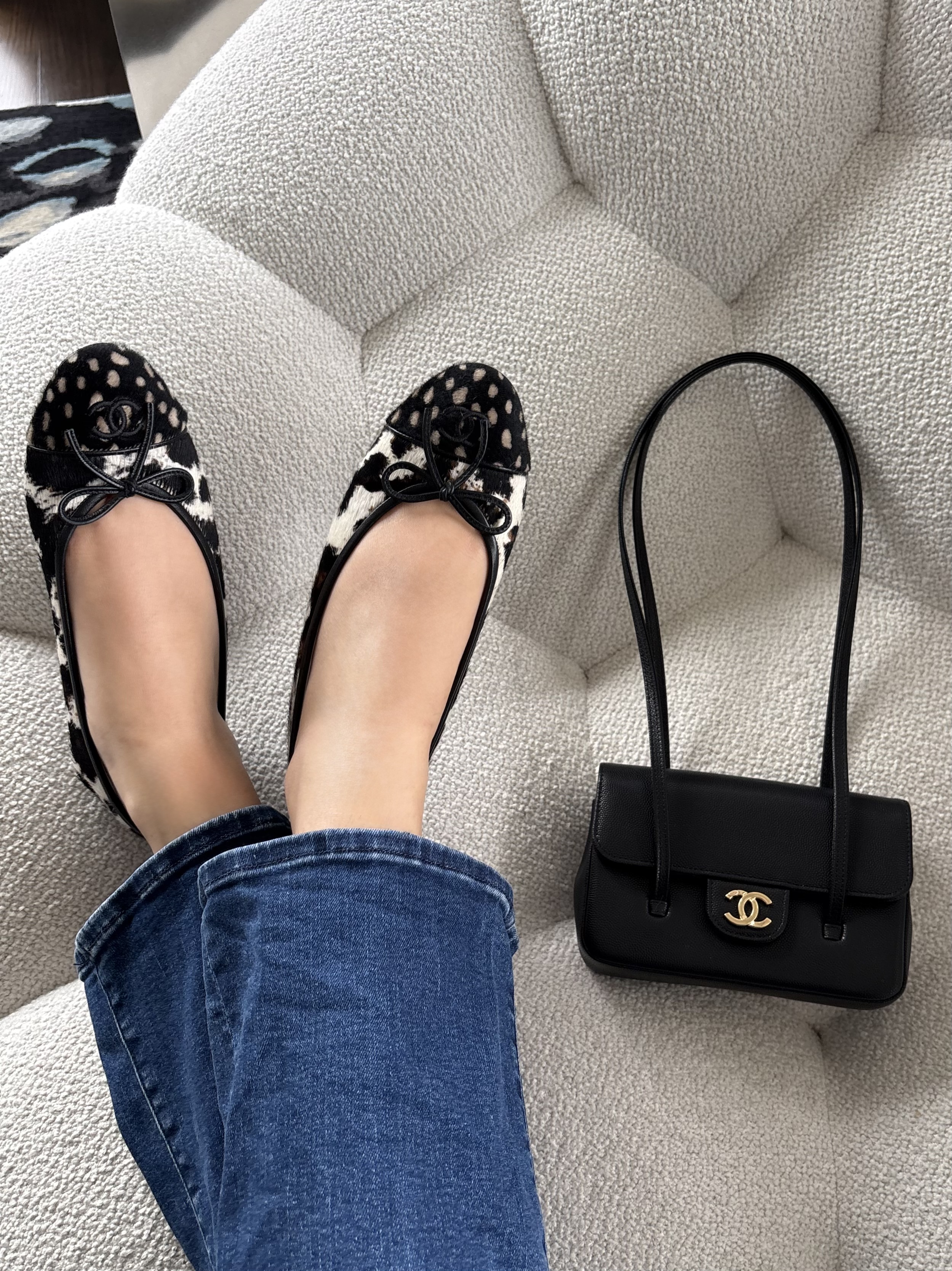 Tara Mouzannar wearing the Chanel leopard and deer print pony hair ballet flats