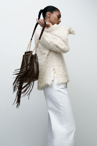 Fringed Cylindrical Bucket Bag