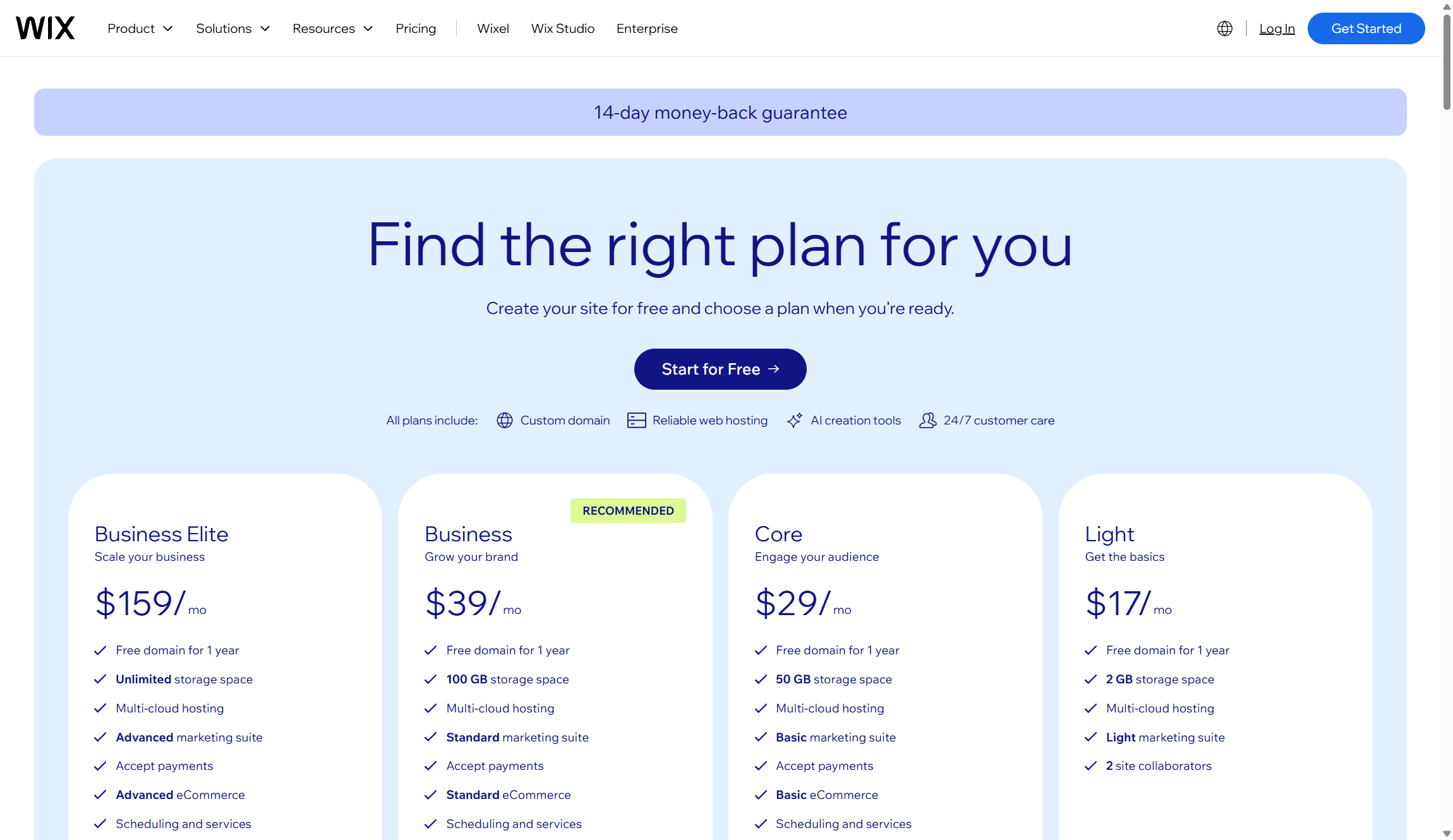 Wix pricing
