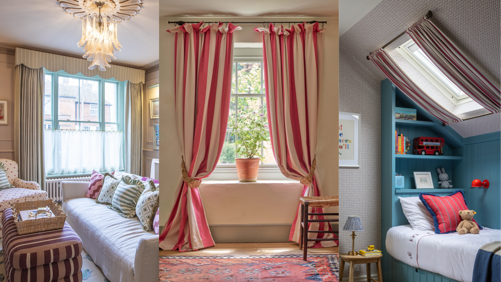 a set of three images of interiors with window treatments