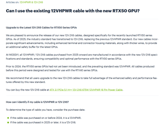 Moddiy support page stating 12V-2x6 recommendation for RTX 50 GPUs