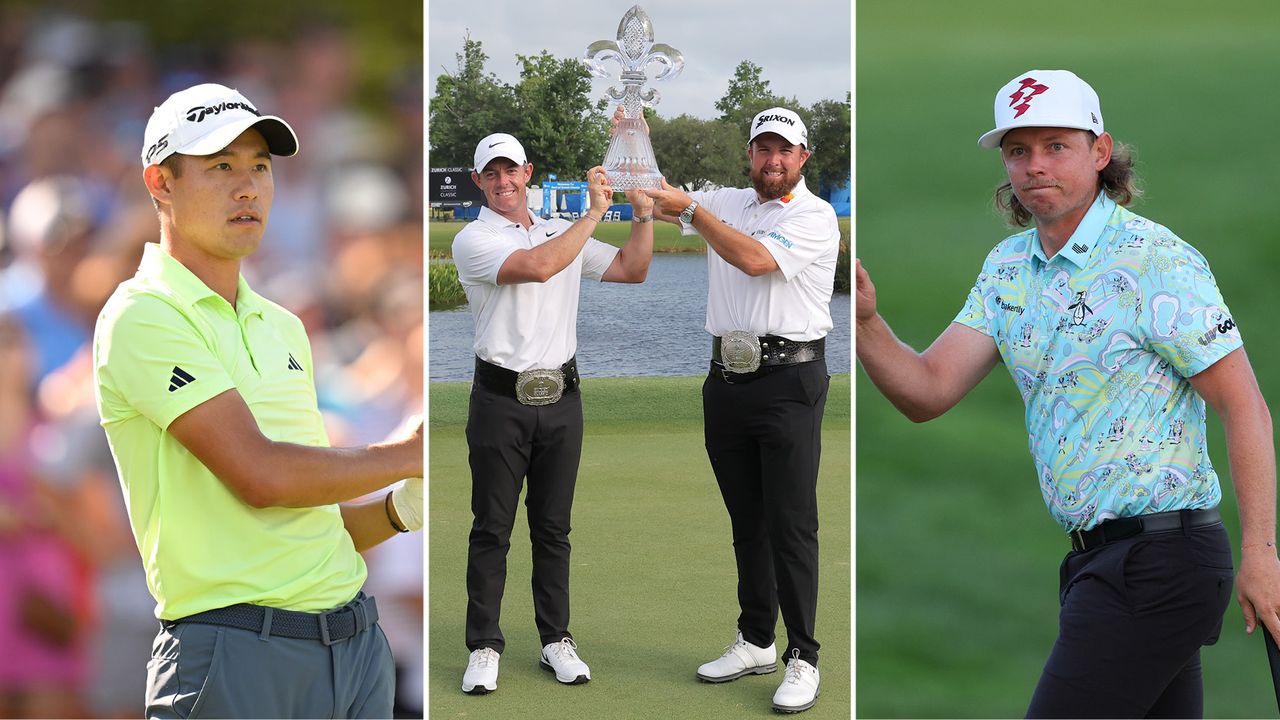 Three images split into Collin Morikawa (left), Rory McIlroy and Shane Lowry hoisting the Zurich Classic trophy (centre), and Cameron Smith