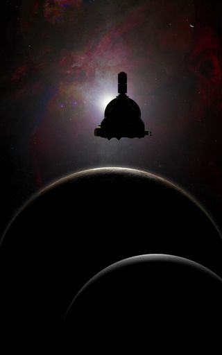 Artist's concept of New Horizons spacecraft encountering Pluto and its largest moon, Charon (foreground), in July 2015.