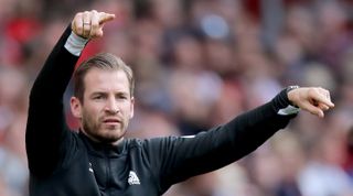 SOUTHAMPTON, ENGLAND - MAY 12: Jan Siewert of Germany the Huddersfield manager instructs his players during the Premier League match between Southampton FC and Huddersfield Town at St Mary's Stadium on May 12, 2019 in Southampton, United Kingdom. (Photo by David Cannon/Getty Images)