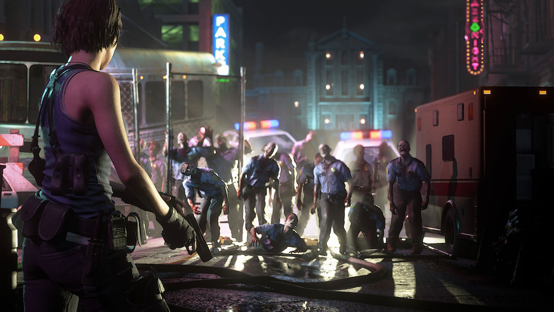 Resident Evil 3 Remake screenshot of Jill facing down a crowd of zombies