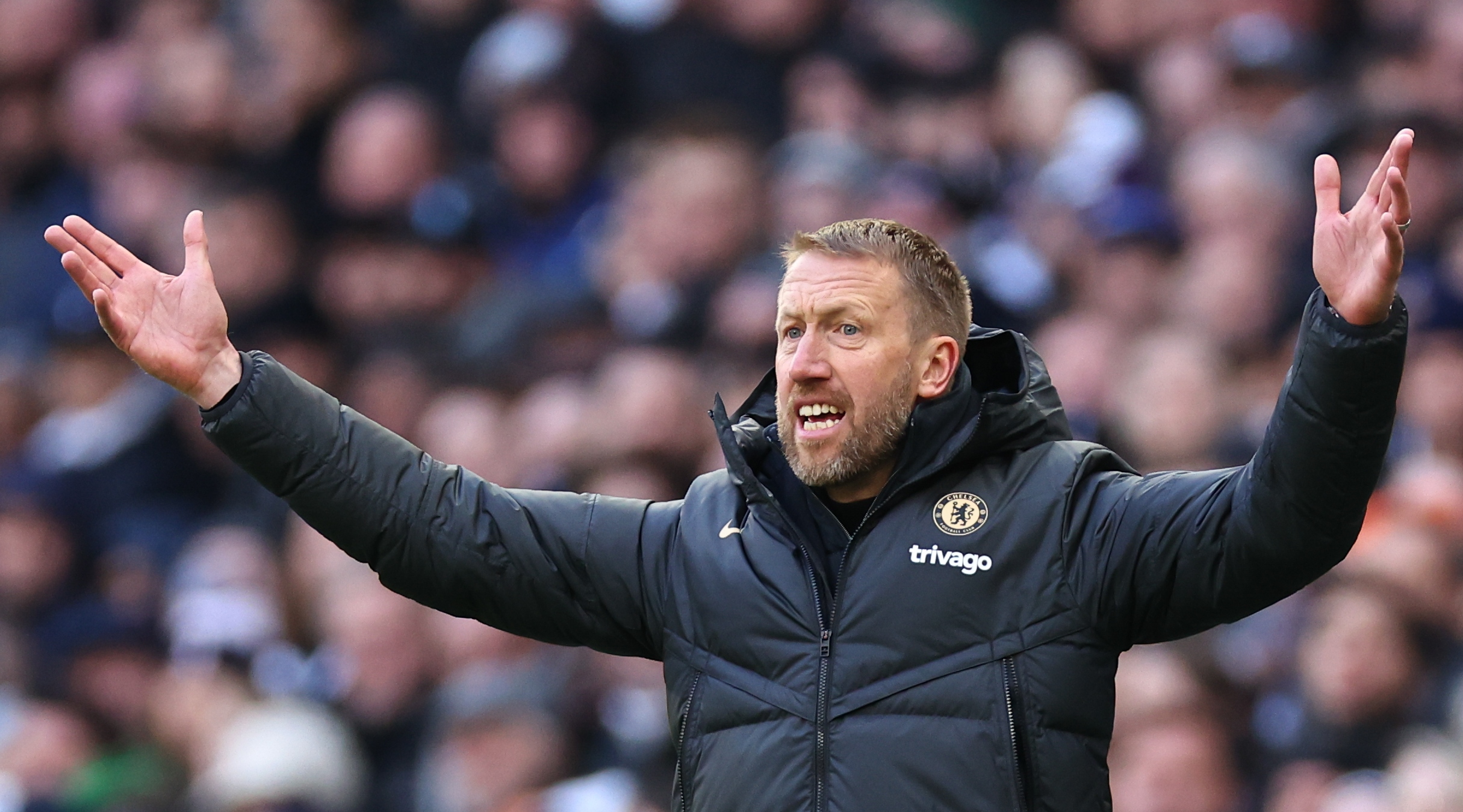 Chelsea head coach Graham Potter gestures during the Premier League match between Tottenham Hotspur and Chelsea at the Tottenham Hotspur Stadium on 26 February, 2023 in London, United Kingdom.