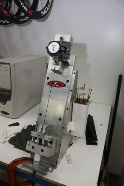 Easton's wheel building facility includes stations for recalibrating tensiometers.