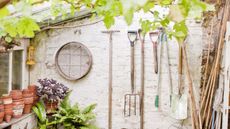 Gardening tools in a greenhouse hanging on the wall