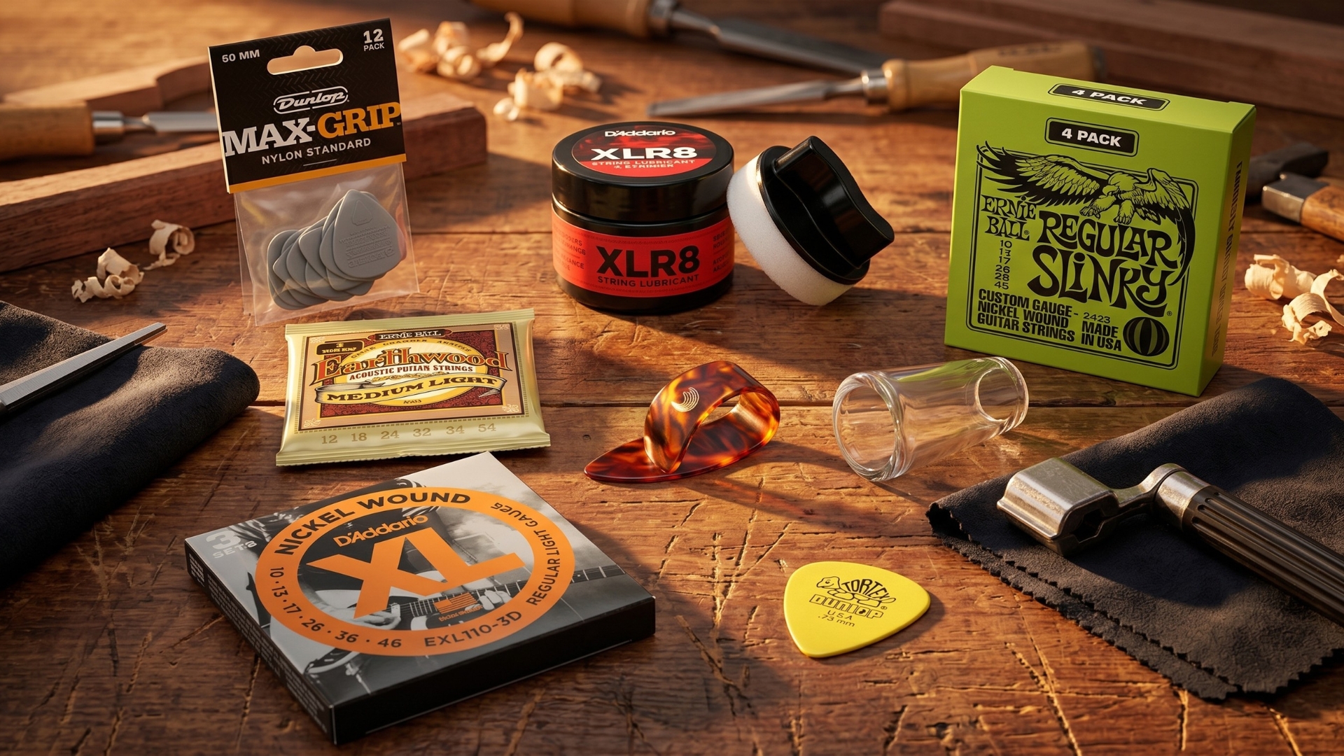 A selection of guitar accessories on a wooden table