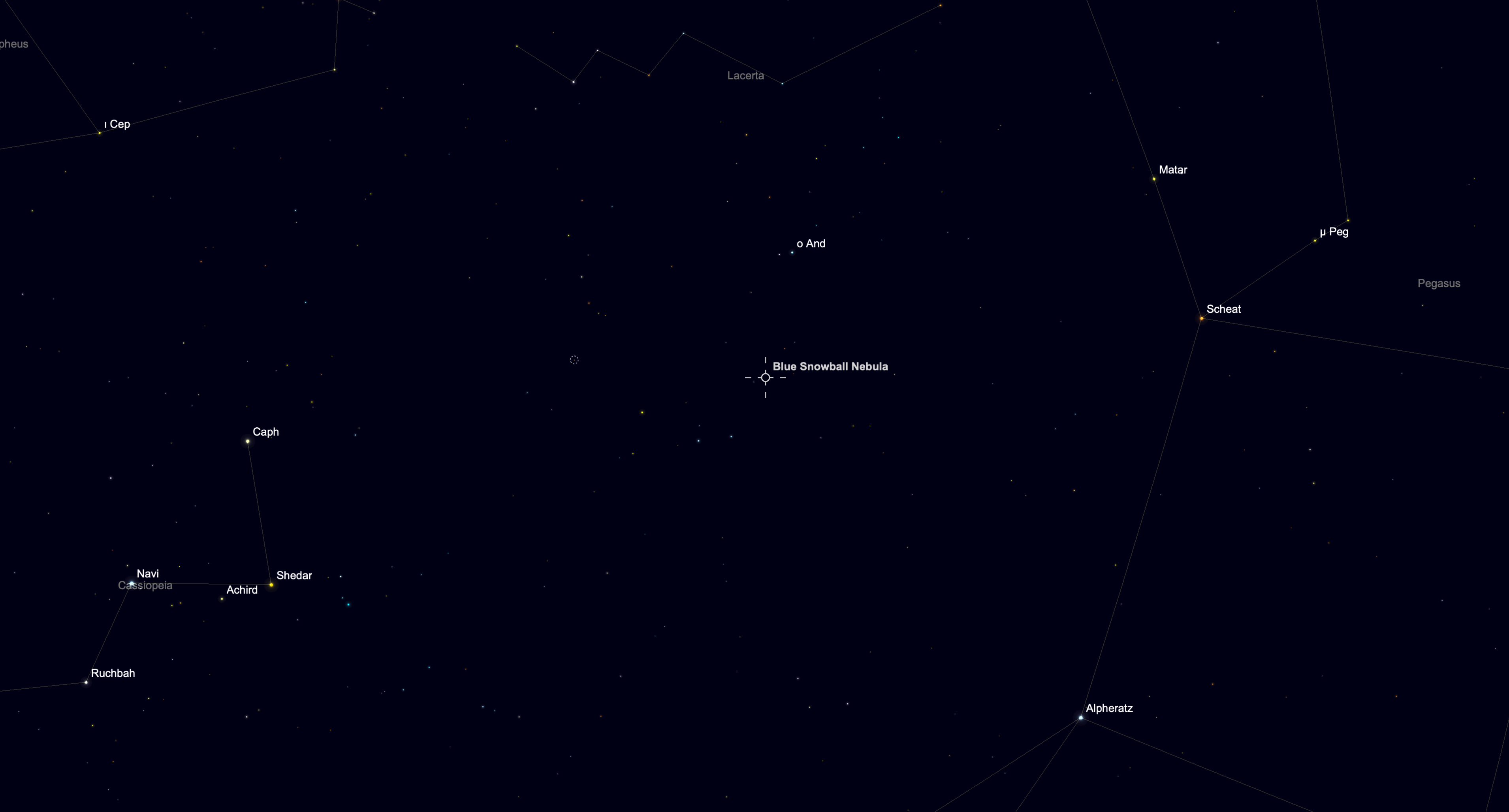 Star chart showing the location of the Blue Snowball Nebula in the constellation Andromeda on Sept. 13, 2026.
