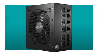 An image of an MSI MAG A750GL power supply unit against a teal background with a white border