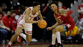 Johnny Davis #1 of the Wisconsin Badgers drives to the basket during the first half of the game against the Nebraska Cornhuskers at Kohl Center on March 06, 2022 in Madison, Wisconsin. Nebraska defeated Wisconsin 74-73.