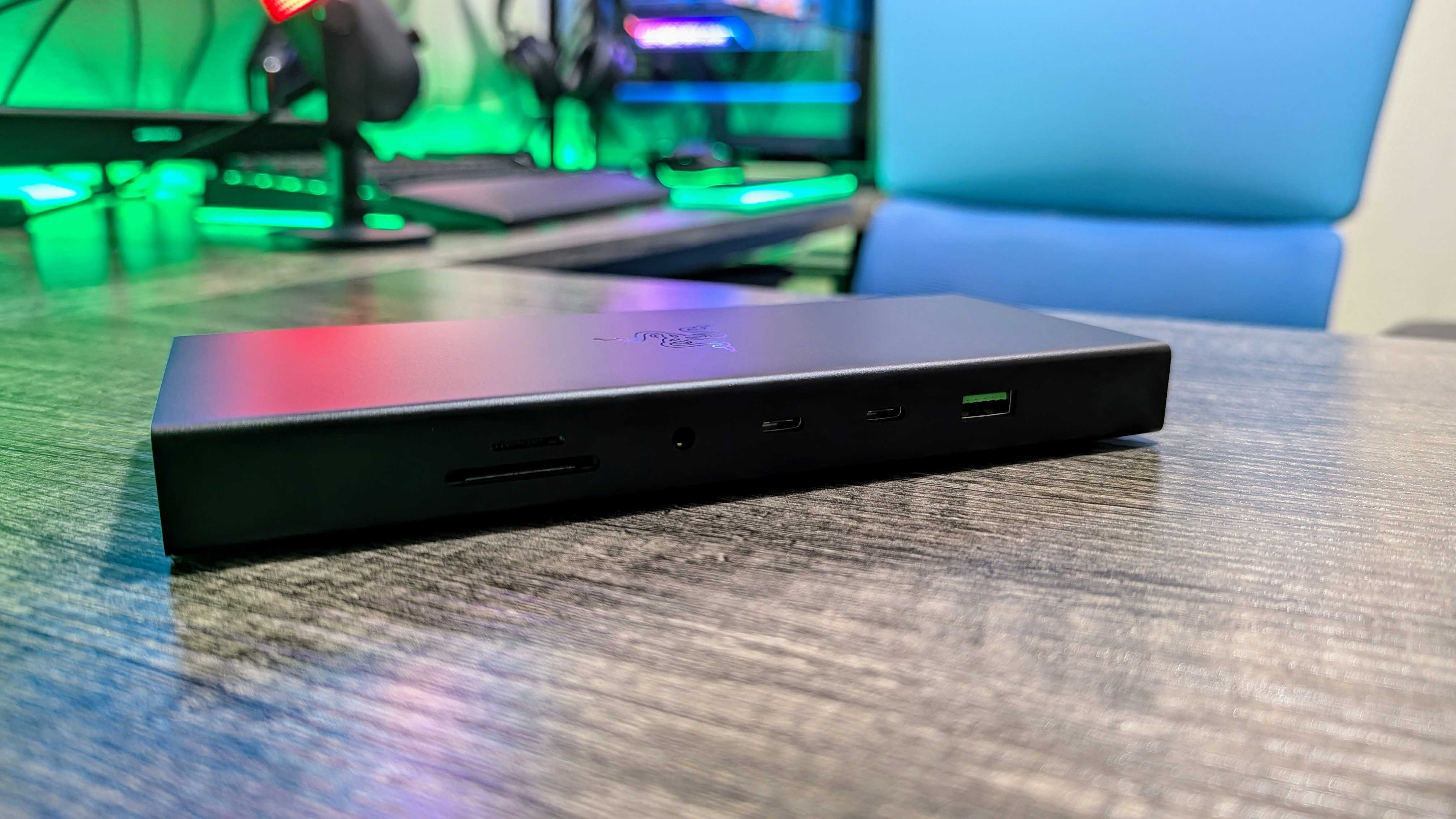 The Razer USB4 Dock on a desk with its front forts facing forward.