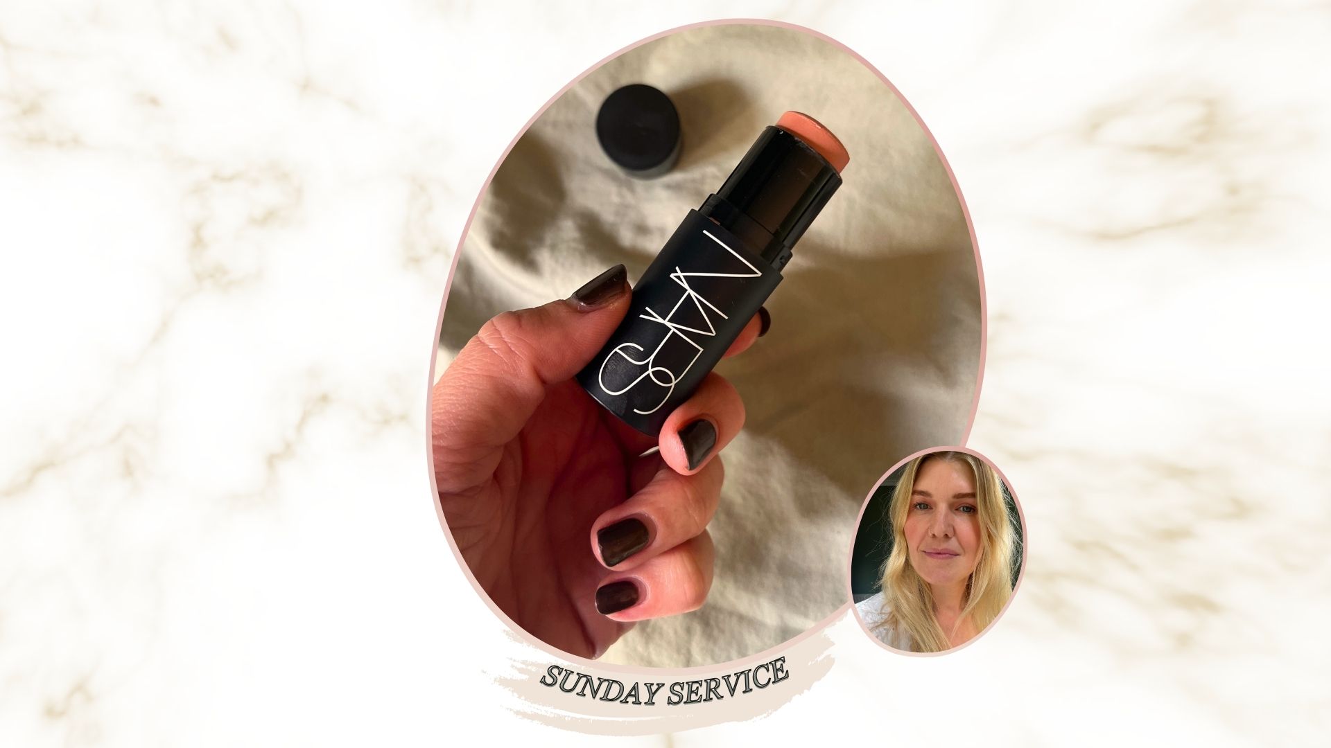 An image of a hand with dark nail polish holding NARS The Multiple in Dazed on a marble backdrop next to an image of Beauty editor Fiona McKim pictured with blonde hair in a white top with a peach coloured eyeshadow, blush and lipstick 