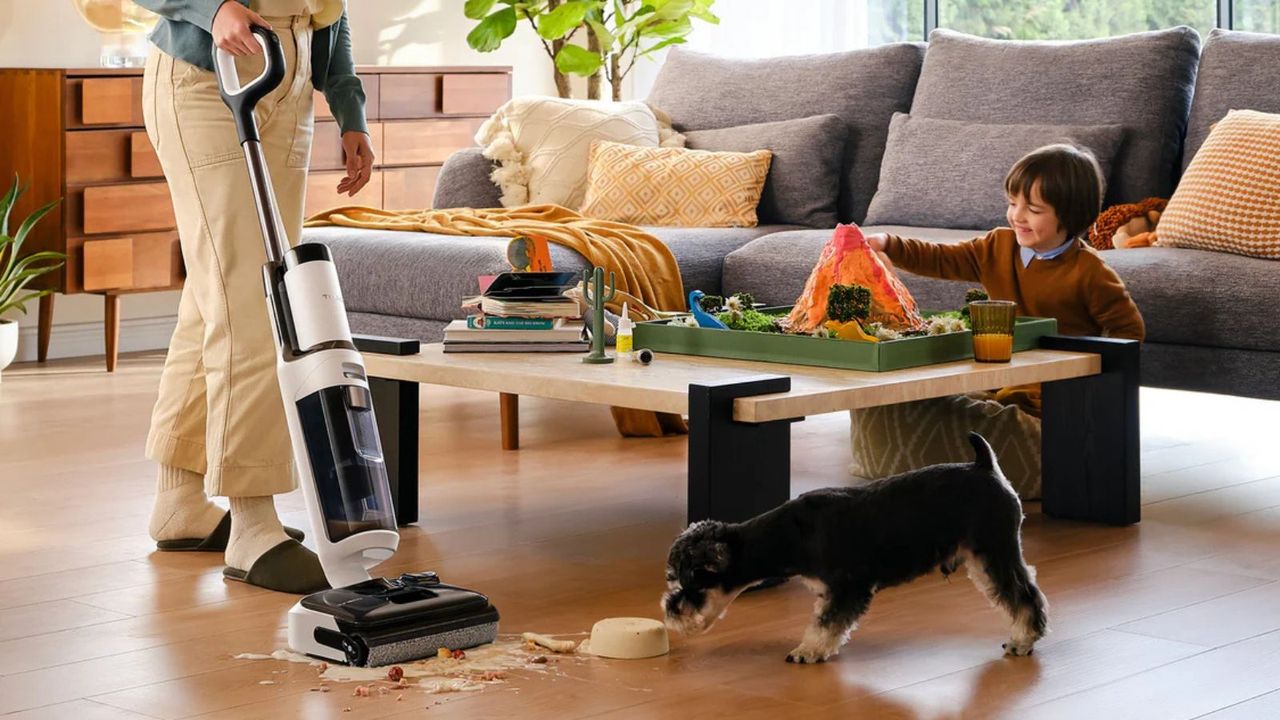 Person vacuuming spilled wet and dry mess using the Tineco Floor One Stretch S6 next to small black and white dog and child playing on low wooden table, in living room with wooden floor, brown cabinet and gray sofa