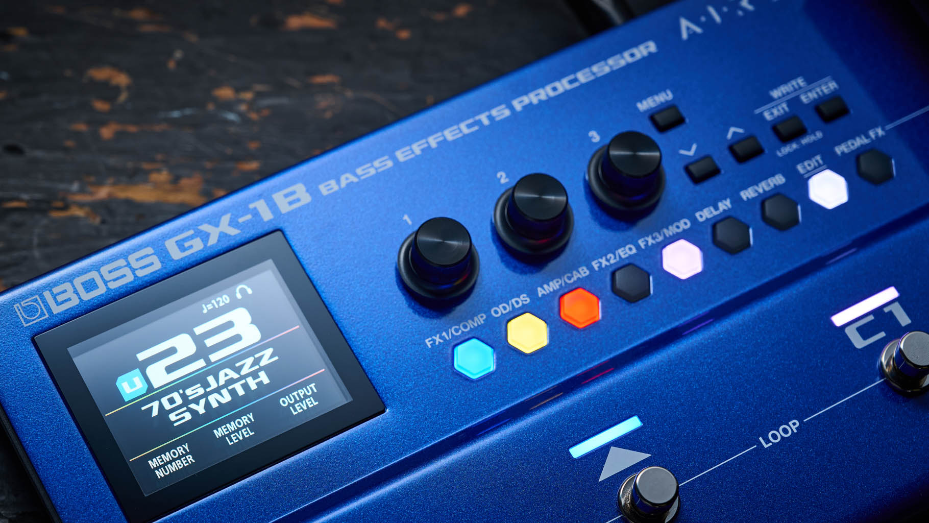 Boss GX-1B, the multi-effects pedal designed specifically for bass has a blue enclosure, three assignable footswitches and an integrated expression pedal &amp;ndash; and it's digital display is easy to read.
