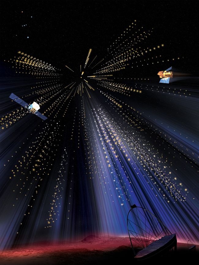 An artist’s interpretation of the Major Atmospheric Gamma Imaging Cherenkov (MAGIC) observatory measuring the energy of light emitted by a gamma-ray burst on Jan. 14, 2019.