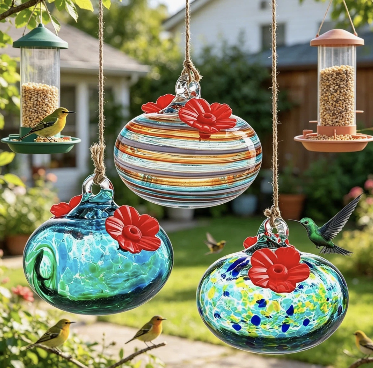 Arlmont &amp;amp; Co Blown Glass Hummingbird Feeder Trio set