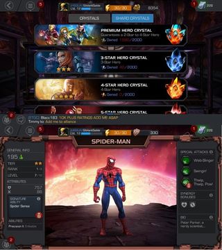 Crystal and champion info screens