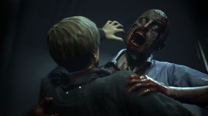 Resident Evil 2 remake screenshot of Leon Kennedy being attacked by a zombie who's trying bite him