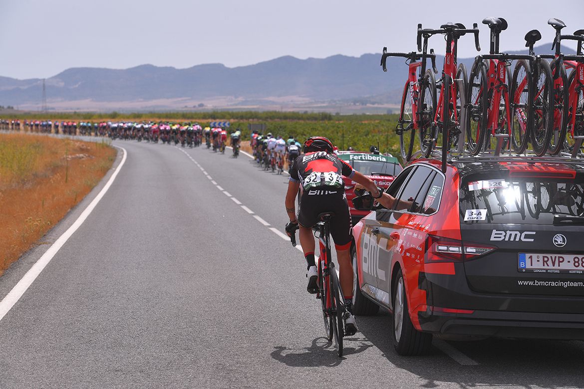 Alessandro De Marchi back at the team car on stage 8 of the Vuelta a Espa&ntilde;a