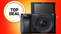 A Sony mirrorless camera with a tilting screen and E-mount, highlighted with a "Top Deal" graphic on a vibrant background