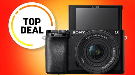 A Sony mirrorless camera with a tilting screen and E-mount, highlighted with a "Top Deal" graphic on a vibrant background